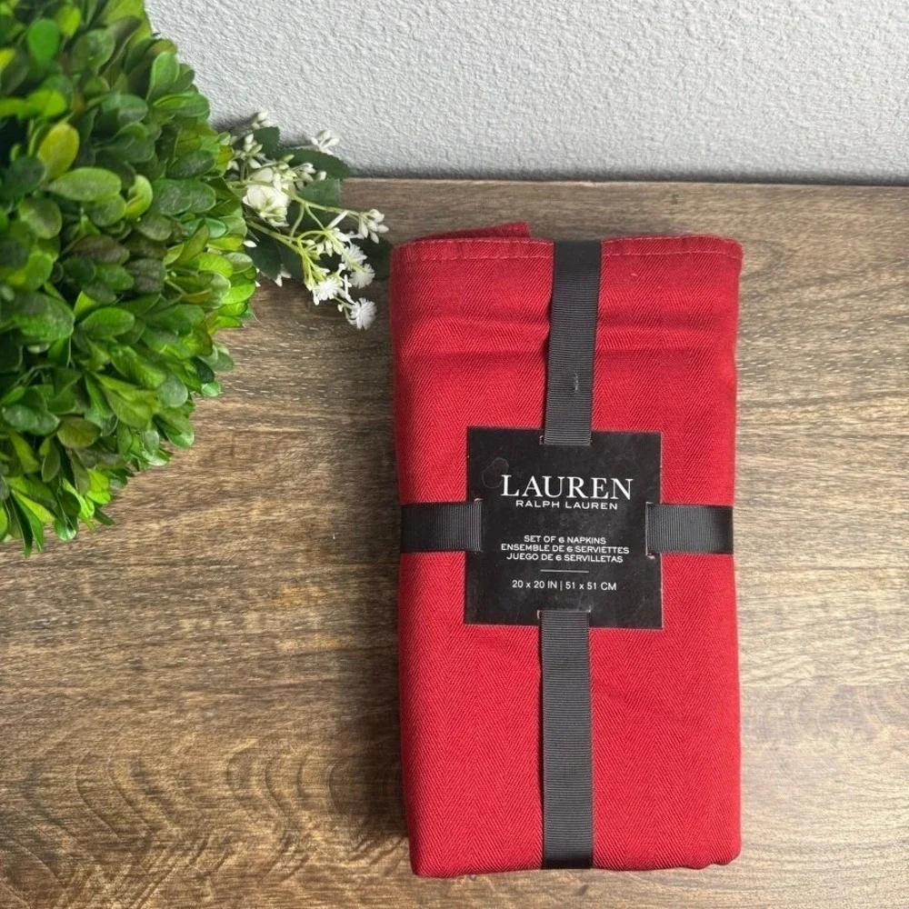 Lauren Ralph Lauren Red Herringbone Cloth Napkins Set of 6 Holiday 20x20 New